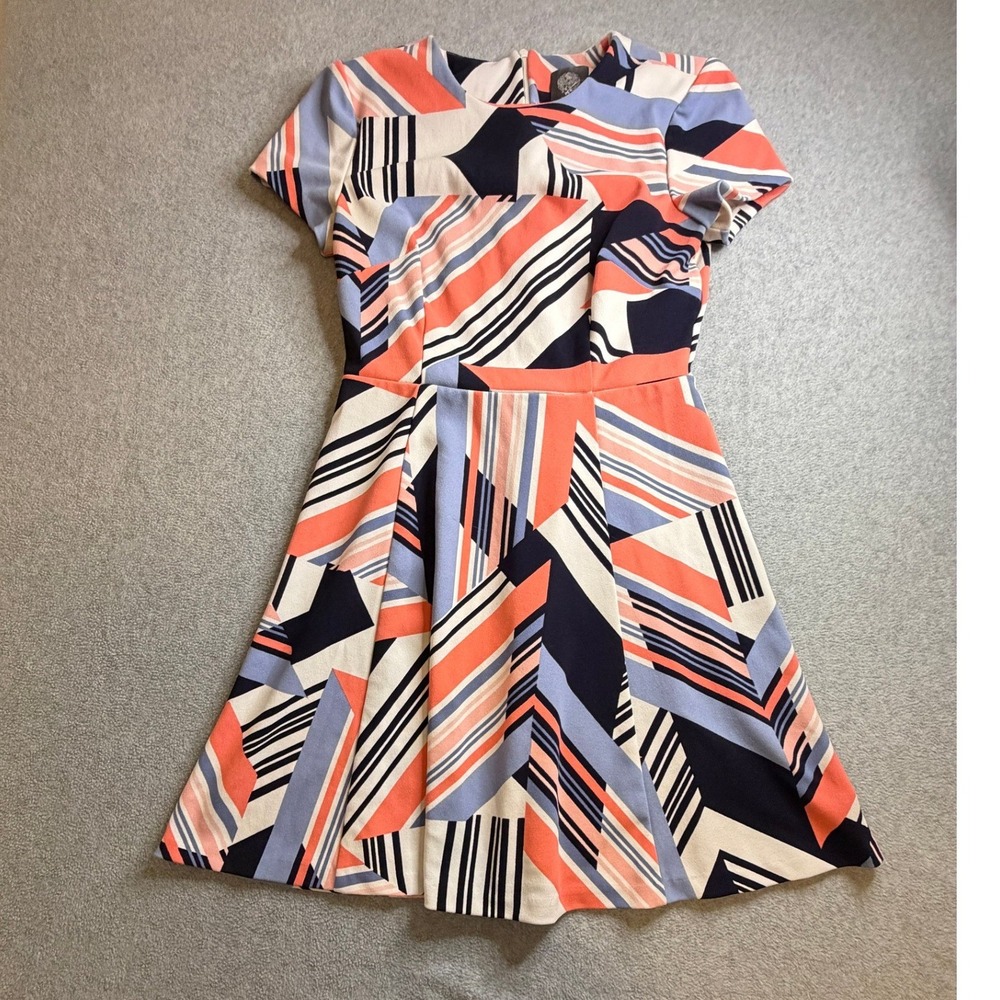 Vince Camuto Womens 4P Geometric Abstract Fit Flare Dress Coral Navy Blue Petite